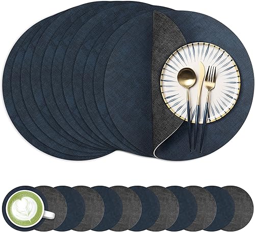 Miniatura 8 de Juego de 6 manteles individuales redondos de piel sintética de 13 pulgadas, impermeables, antideslizantes, de doble cara, resistentes al calor,