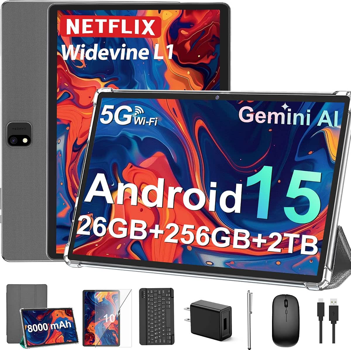 JJGJ 2026 Android 15 Tablet with Keyboard, 26GB+256GB, 2TB Expand, 10 Inch Tablet with Octa-Core, 8000mAh, 5G WiFi, BT5.0, Widevine L1, Gemini AI, 2-in-1 Tablets with Case, Mouse, Stylus(Silver Case)