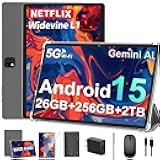 2026 Android 15 Tablet with Keyboard, 26GB+256GB, 2TB Expand, 10 Inch Tablet with Octa-Core, 8000mAh, 5G WiFi, BT5.0, Widevine L1, Gemini AI, 2-in-1 Tablets with Case, Mouse, Stylus(Silver Case)