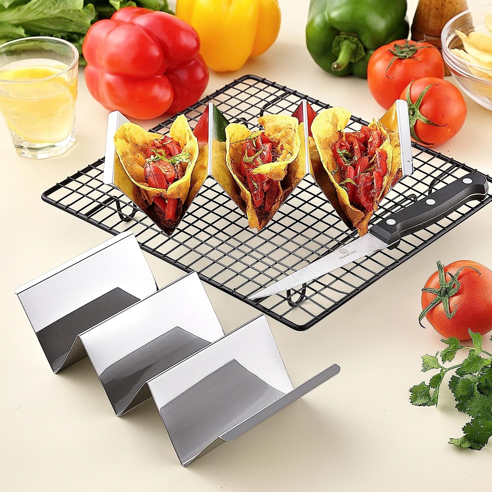Porte-Tacos,2 Support à Tacos en Acier Inoxydable avec Poignées, Type W Peut Contenir 3 Tacos,pour Restaurant, Maison, Fête, Pique-Nique (Argent Métallique)