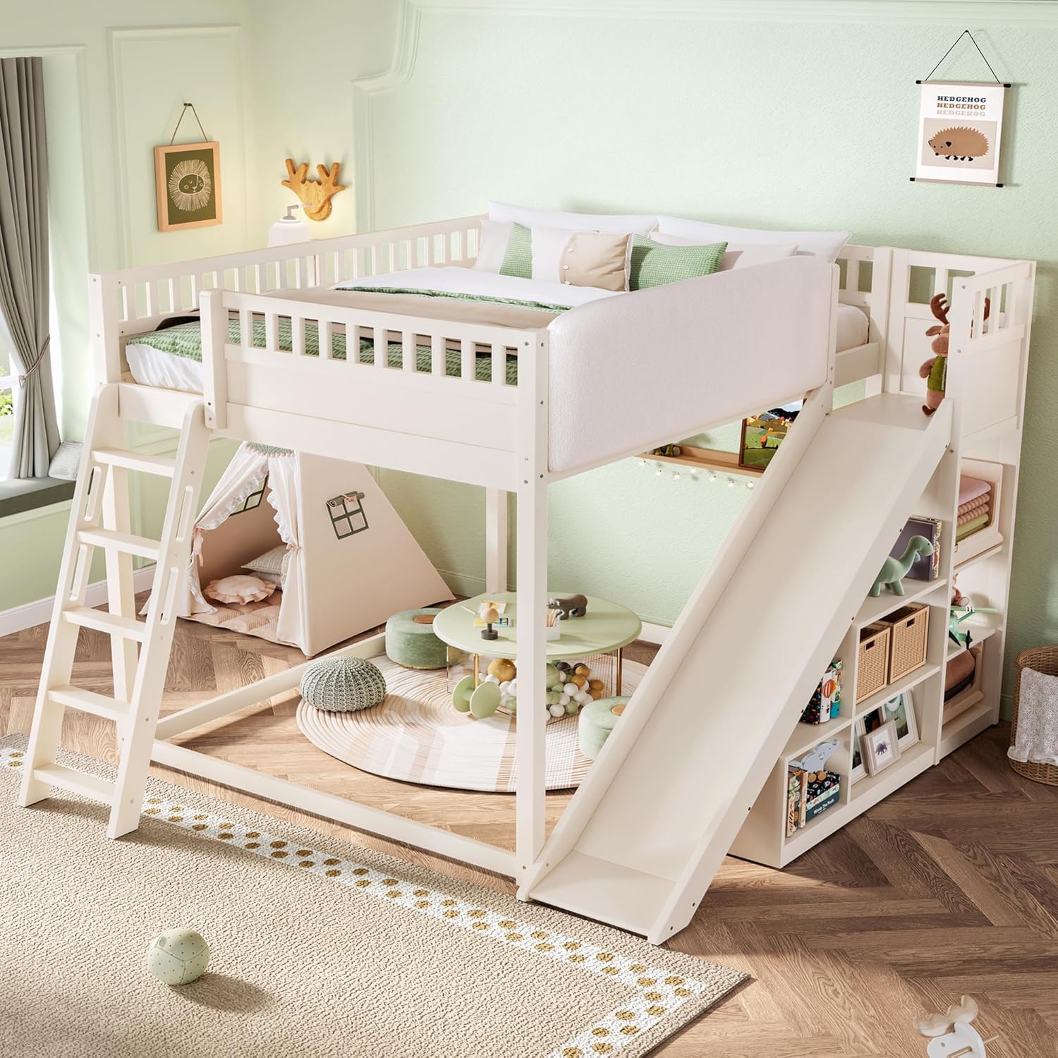 Bellemave Queen Size Kids Loft Bed with Slide and Storage Shelves for Kids,Solid Wood Loft Bed Frame with Inclined Ladder and Upholstered Headboard for Girls Boys,Space Saving,Beige