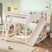 SOFTSEA Queen Over Queen Bunk Bed with Slide and Storage, Wood Floor Bunk Bed Frame with Storage Shelves, Ladder and Guardrails for Kids, Beige