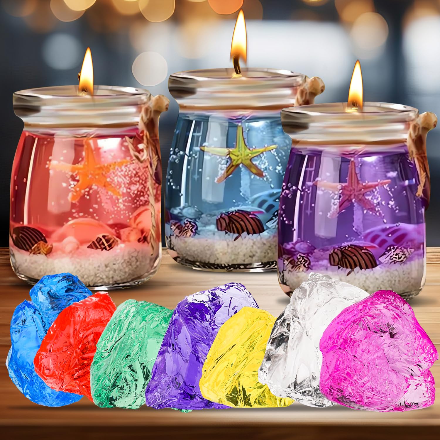 Kit de fabrication de bougies en gelée,9pcs Gel Wax -7 Colors Candle Making Kit，Includes Wax Wicks Wick Stickers，Wooden Wick Holders and More，DIY Starter Candle Making Kit 2.8LB/45oz