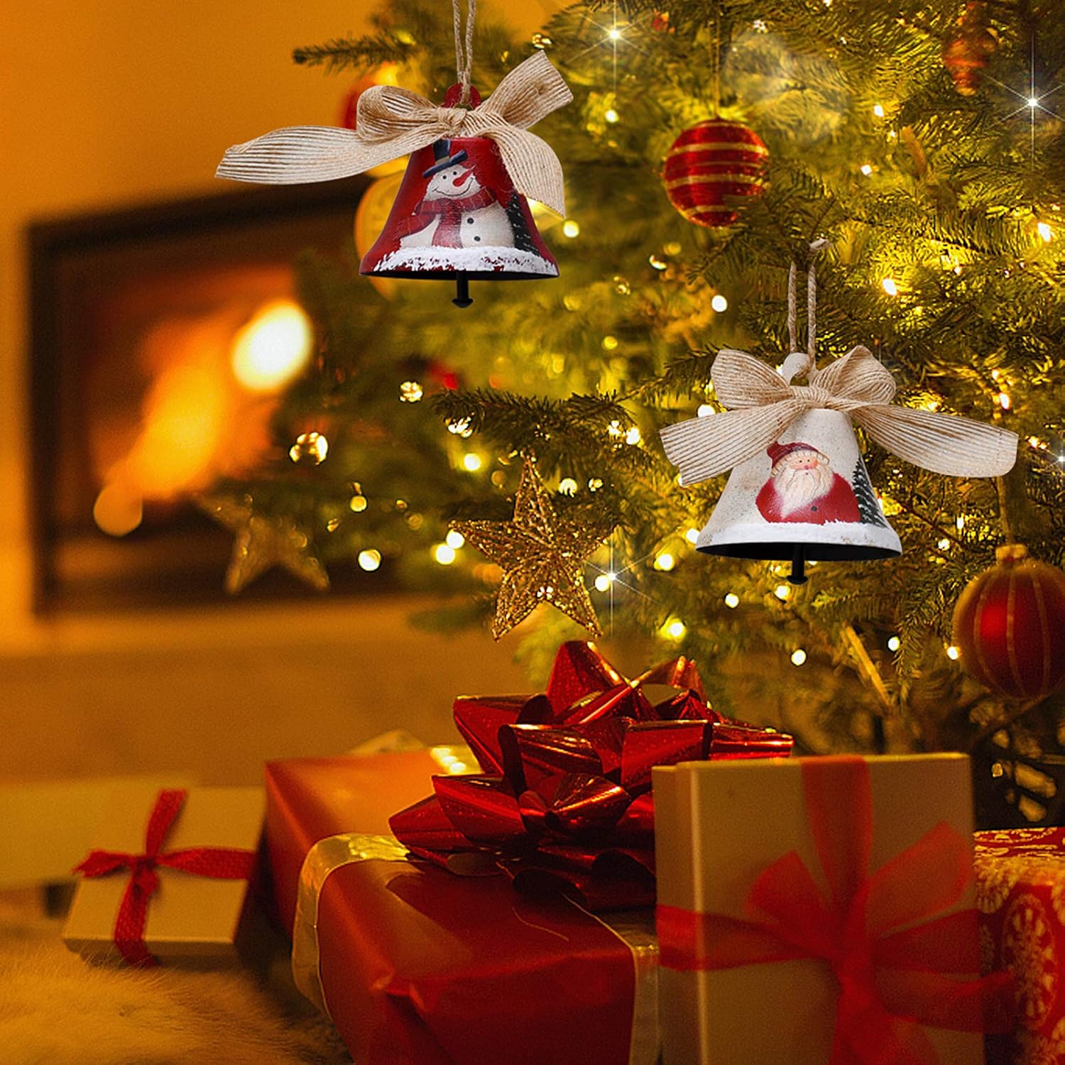 Christmas Jingle Bell Ornaments Metal Bell Christmas Tree Hanging Ornaments with Burlap Ribbon Rustic Hand Painted Snowman Santa Xmas Hanging Decoration Holiday Decor (6)