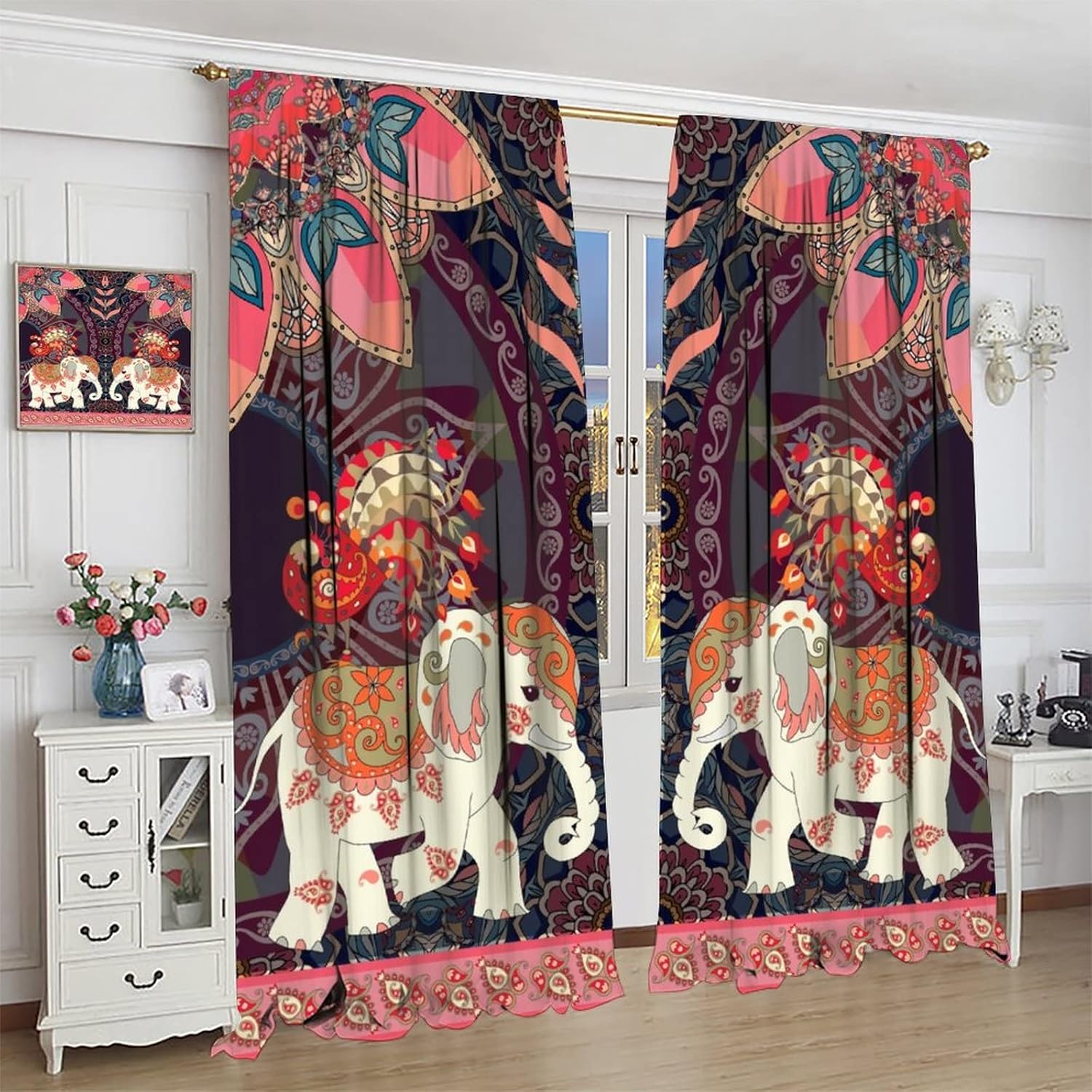 Boho Floral Curtains Indian Hippie Art Theme Mandala Flower Elephant Peacock Print Pattern Blackout Curtains for Bedroom Living Room Decoration W42 * L63 Inch