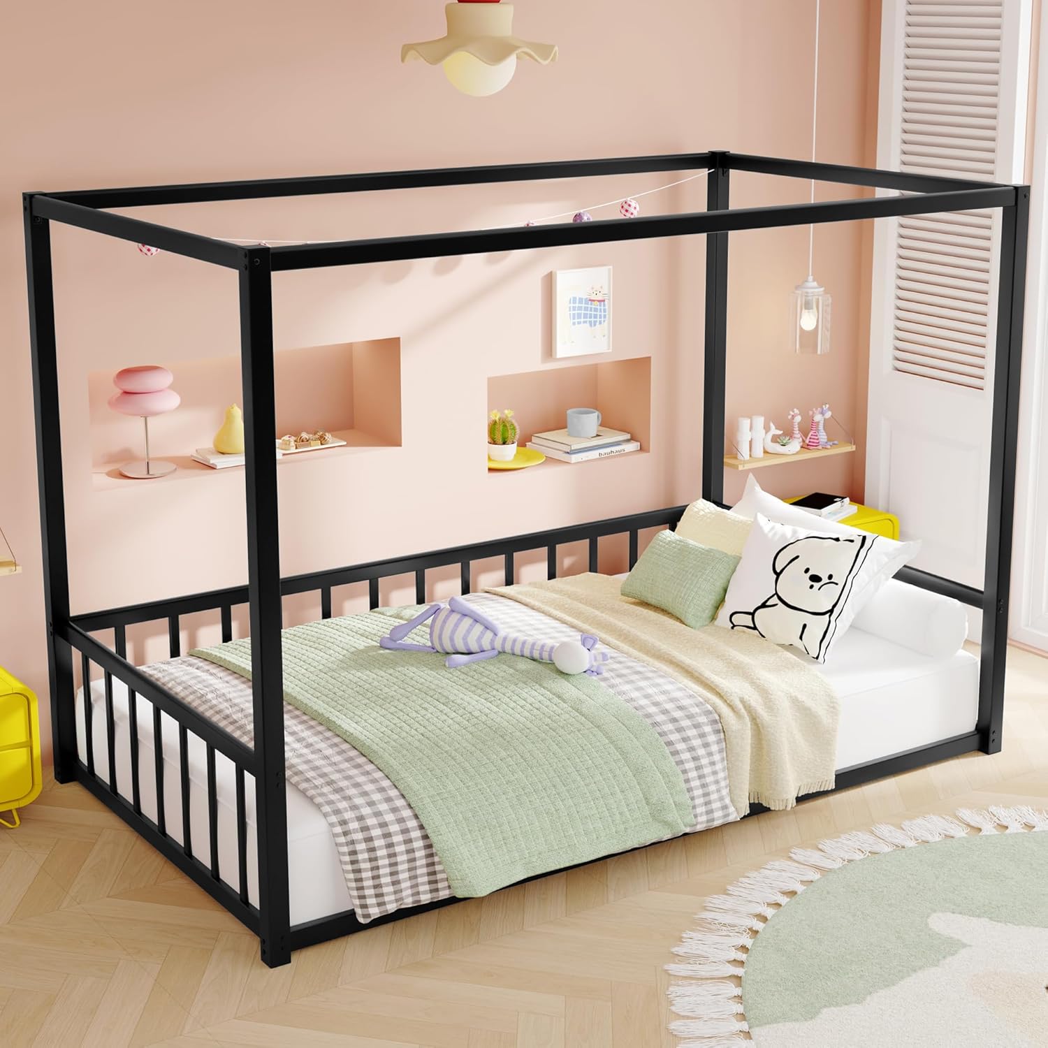 SOFTSEA Twin Size Canopy Bed with mattress and decorative elements in a room setting.
