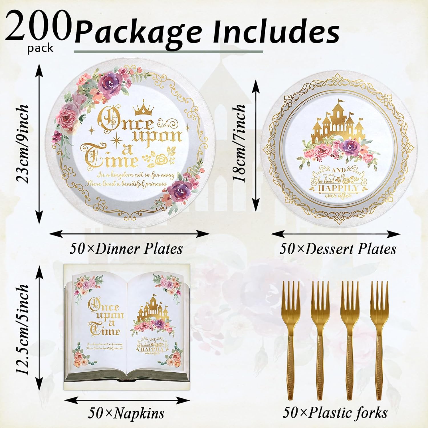 200PCS Fairytale Princess Plates and Napkins Once Upon a Time Party Tableware Set Plates for Wedding Girl Pink Floral Gold Castle Dinnerware for Birthday Party Baby Shower Decoration Supplies Serve 50