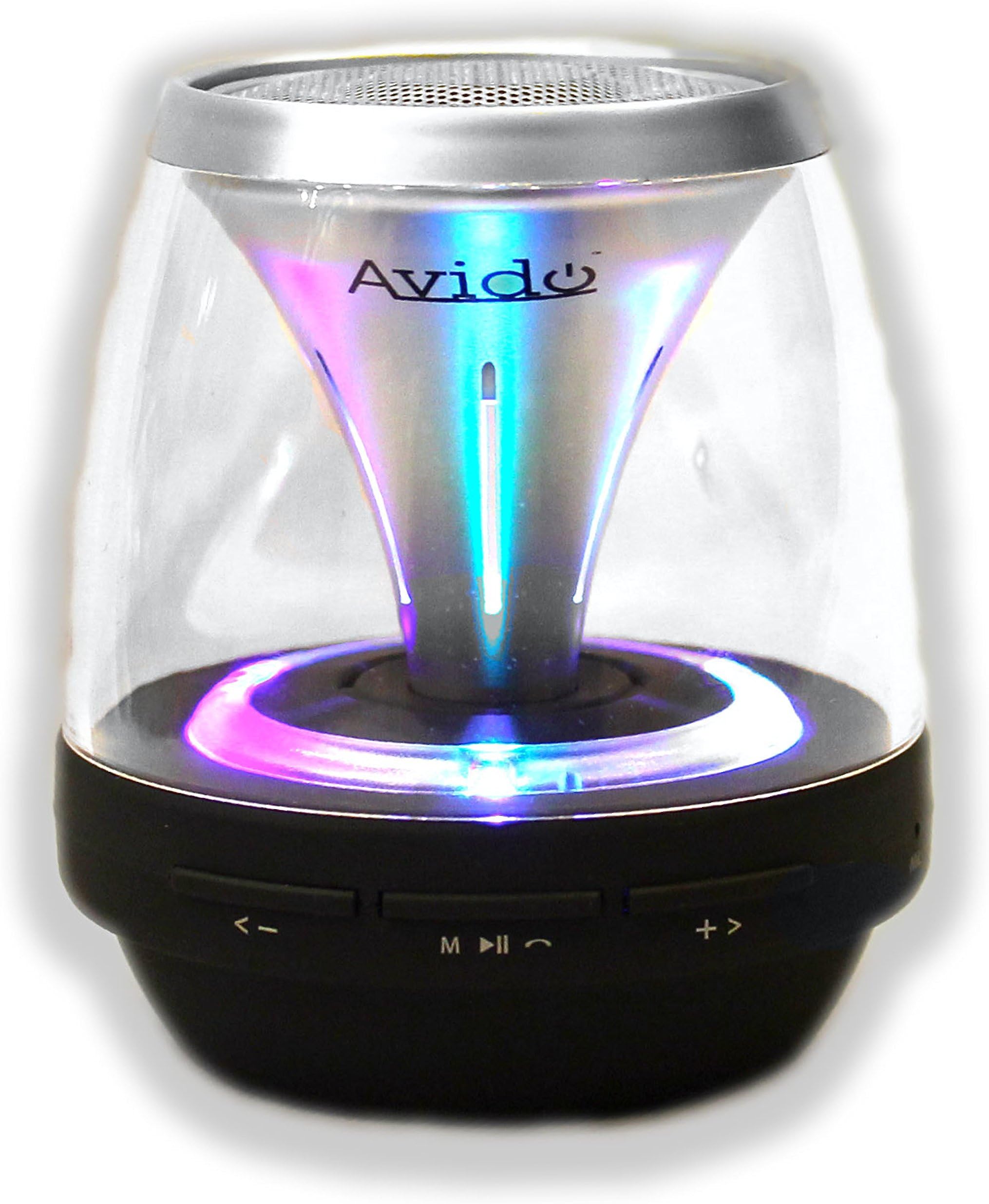 Avido Proton Ultra-Portable [Multi-Color LED Light Show] Wireless Bluetooth Speaker - HD Sound, Speakerphone, FM Radio, Auxiliary Input, Micro SD Card, Voice Prompts, Rechargeable - (Black/Silver)
