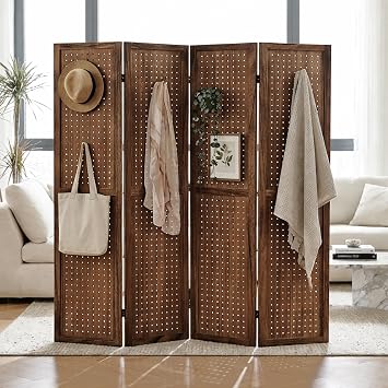 4 Panel Pegboard Room Divider, 5.6 Ft Folding Privacy Screen, Freestanding Wooden Display Board Organizer for Craft Show, Jewelry Display, Bedroom, Office, Brown