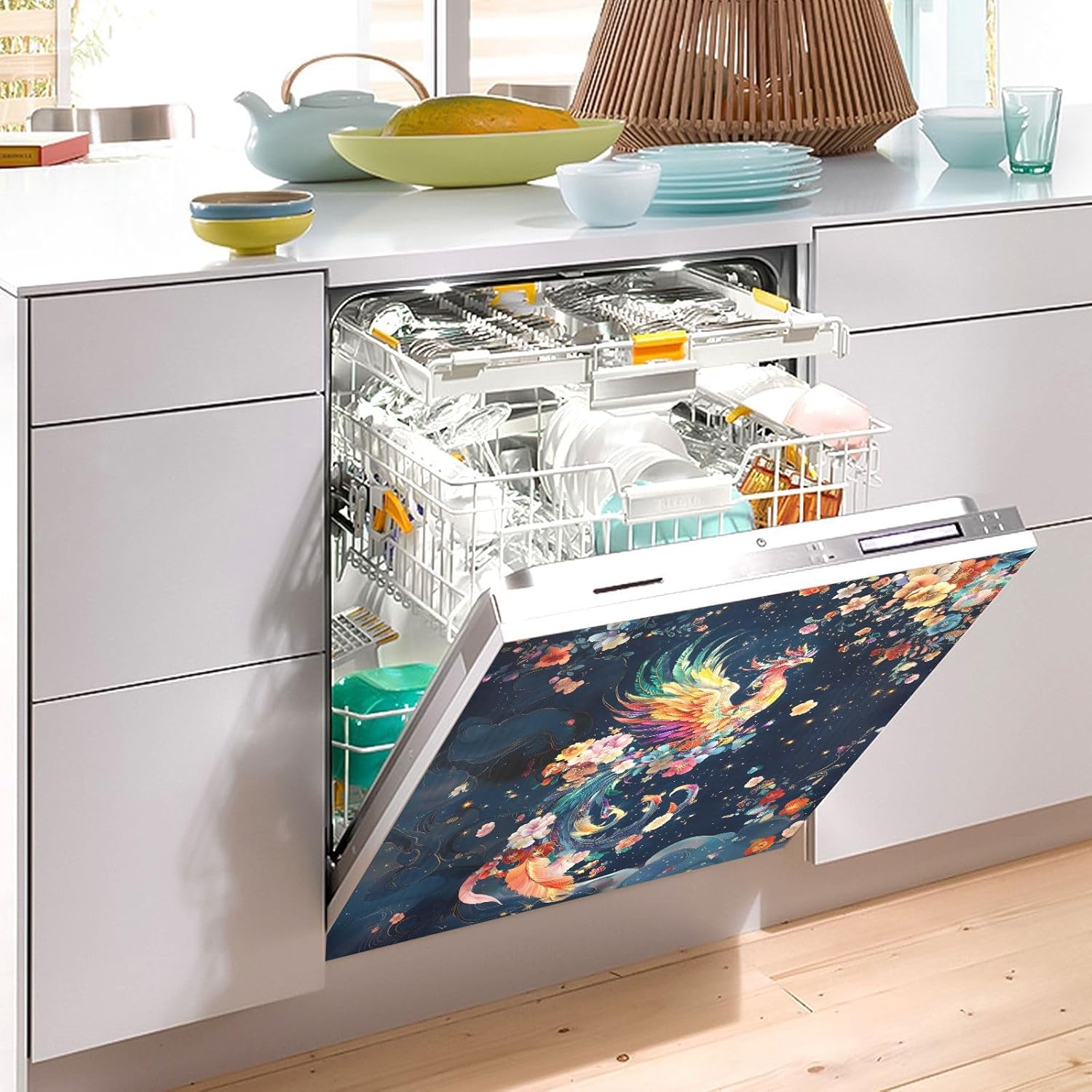 Dishwasher Magnet Cover Large Magnetic Stickers Colorful Phoenix Front Dishwasher Cover Reusable Decal for Home Kitchen Refrigerator Decorative Lid Washing Machine Laundry