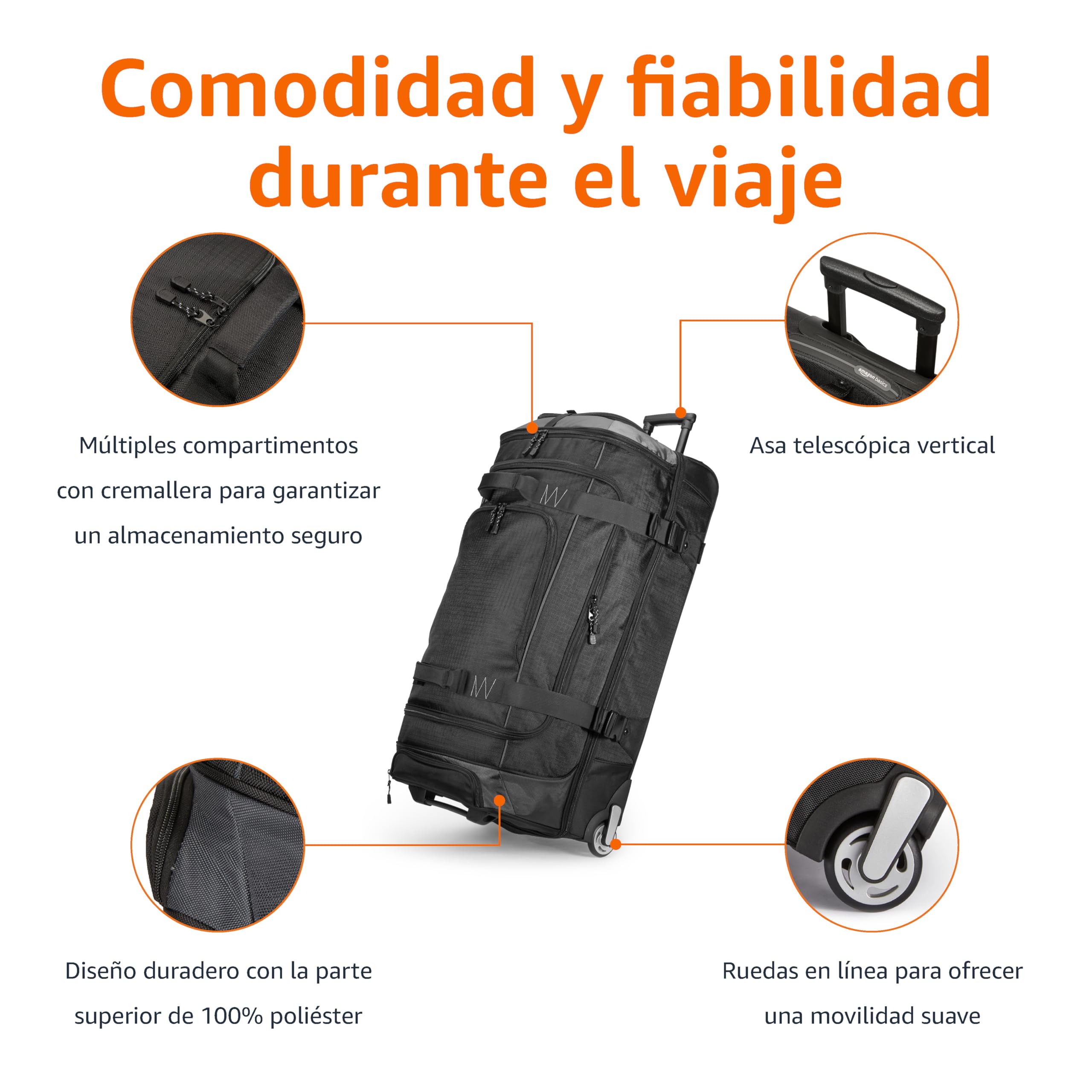 Amazon Basics Bolsa de Viaje con Ruedas,Grande (89 cm, 137 litros),Trolley Ligero y Duradero en Tela Ripstop,de Gran Capacidad y con Asa Telescópica,Ideal para Viajes,Trabajo y Ocio,Negro