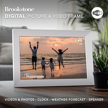 Brookstone 10 Inch Wi-Fi Digital Picture Frame with Video Playback - 32GB Smart Photo Frame, Touchscreen Display, Clock, Calendar, Weather Forecast, Built-in Speaker - White