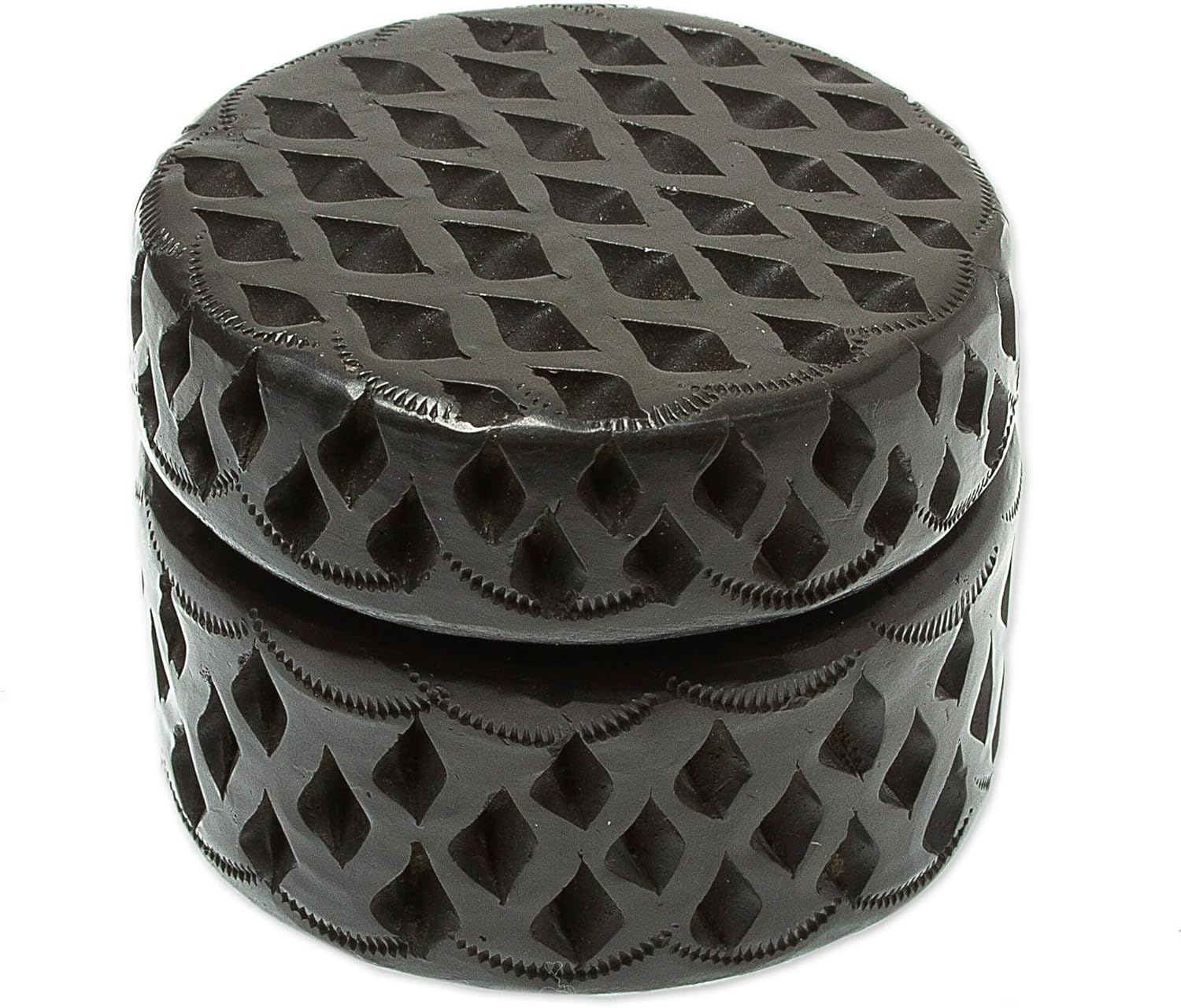 NOVICA Handmade Ceramic Decorative Box Barro Negro Black Accessories [2.4in H x 3in Diam.] 'Round Trellis'