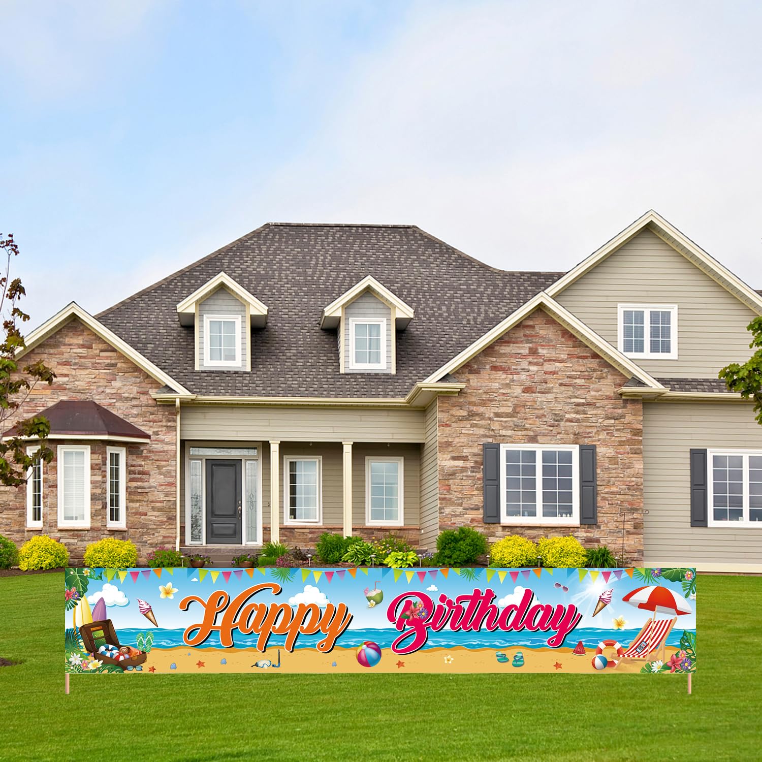Pancarta de cumpleaños de verano, pancarta de feliz cumpleaños con temática de playa, decoración grande de fiesta de cumpleaños de playa, 118 x 20 pulgadas