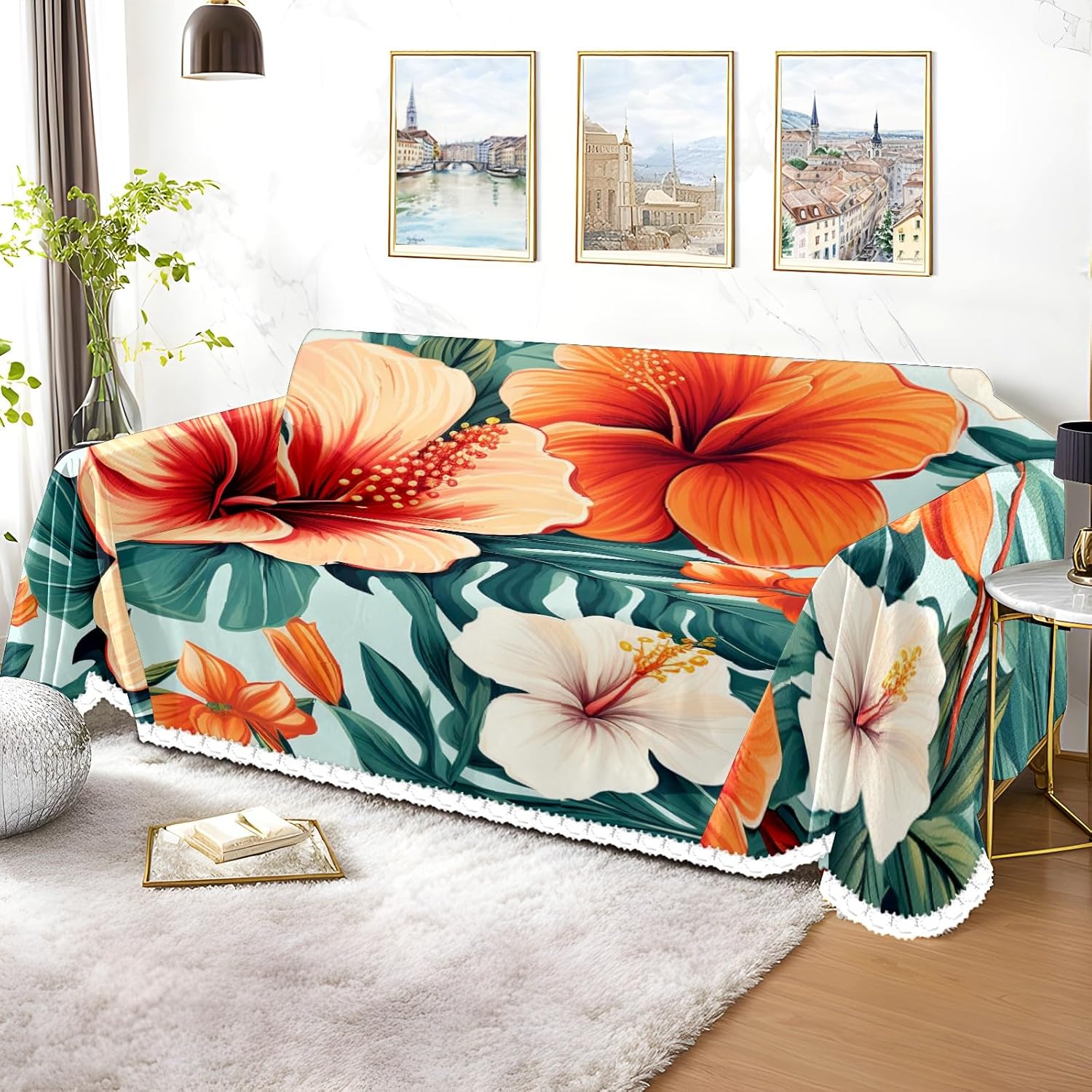 Couch Covers Tropical Floral Leaf Washable Throw Covers for Couch Loveseat Sofa Cover Sofa Slipcover Pets Dogs Furniture Couch Protector 71‘’x91‘’