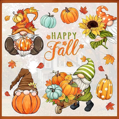 Mfault Gnomo de feliz otoño para ventana, 9 hojas, cosecha de otoño, calabaza, girasol, granja, calcomanías decorativas, hojas de arce, Acción de