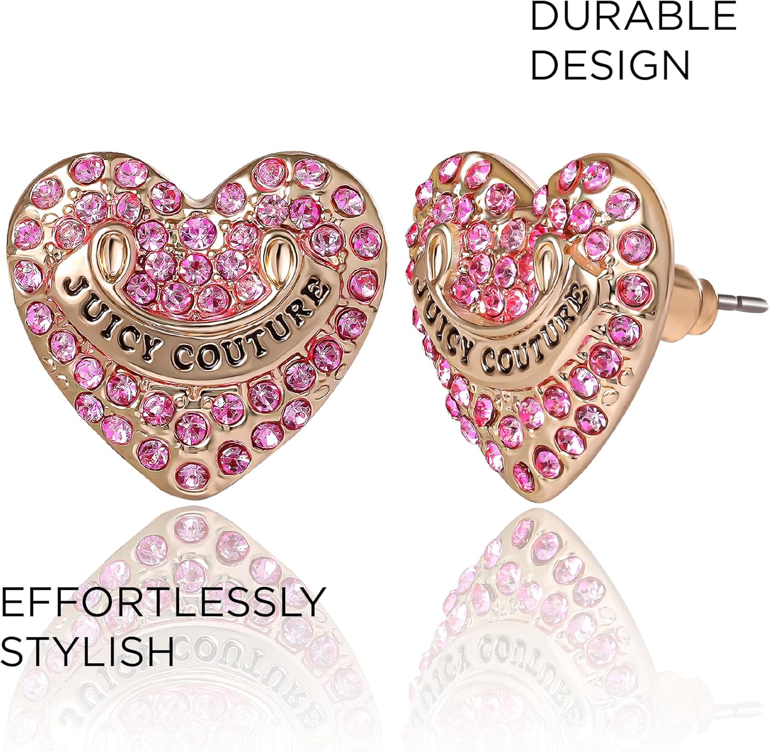 Juicy Couture Logo Heart Stud Earrings for Women with Stone Embellishments, Rhodium or Gold-Tone Valentines Earrings - Image 5