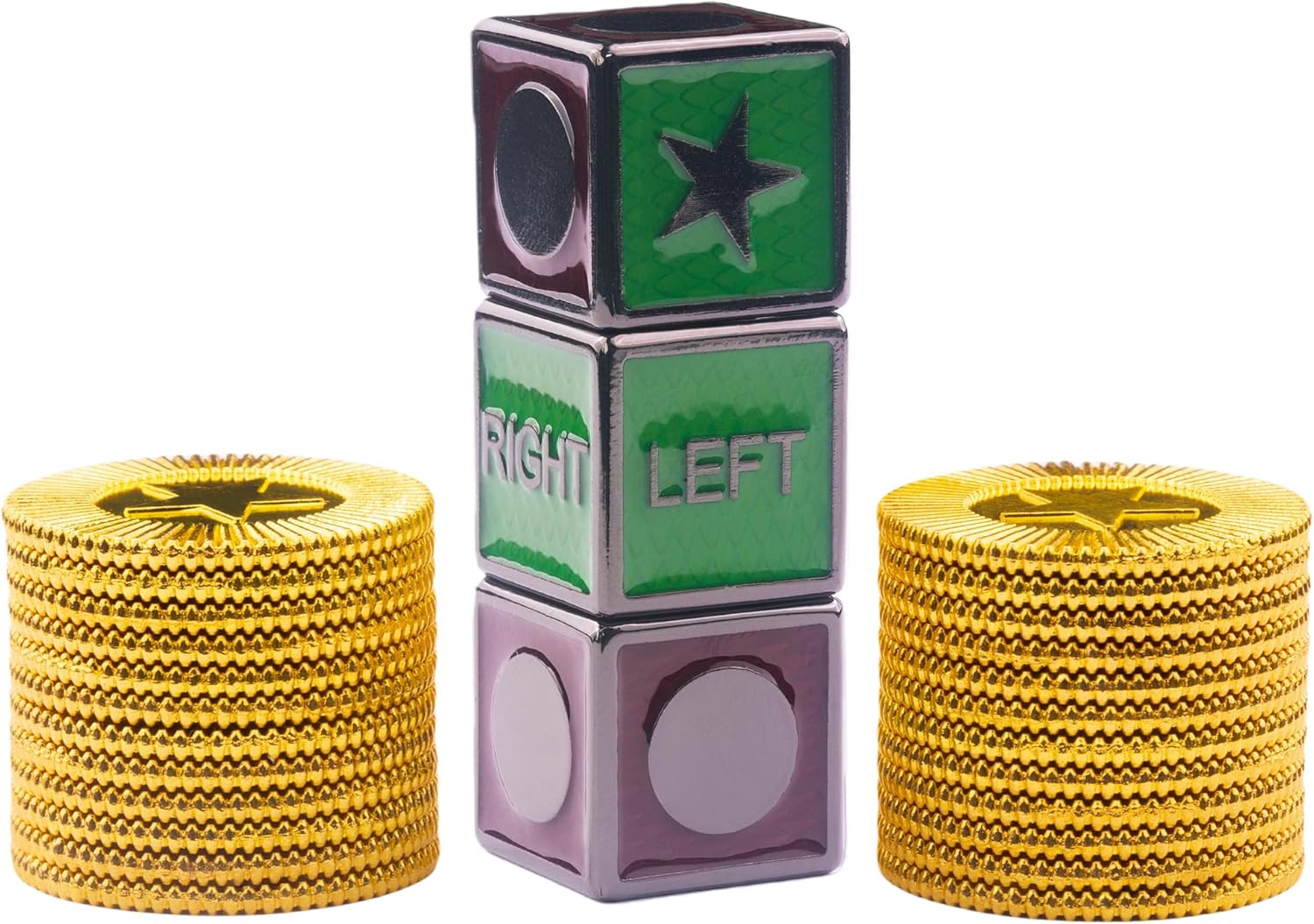 Metal Left and Right D6 Sides Centers Dice Game Set, Including 3 Cool D6 Sides Metal Dice, 24 Gold Chips, Color Bag Packaging,Suitable for Parties and Multiplayer Games(Nickel_Green_Purple)