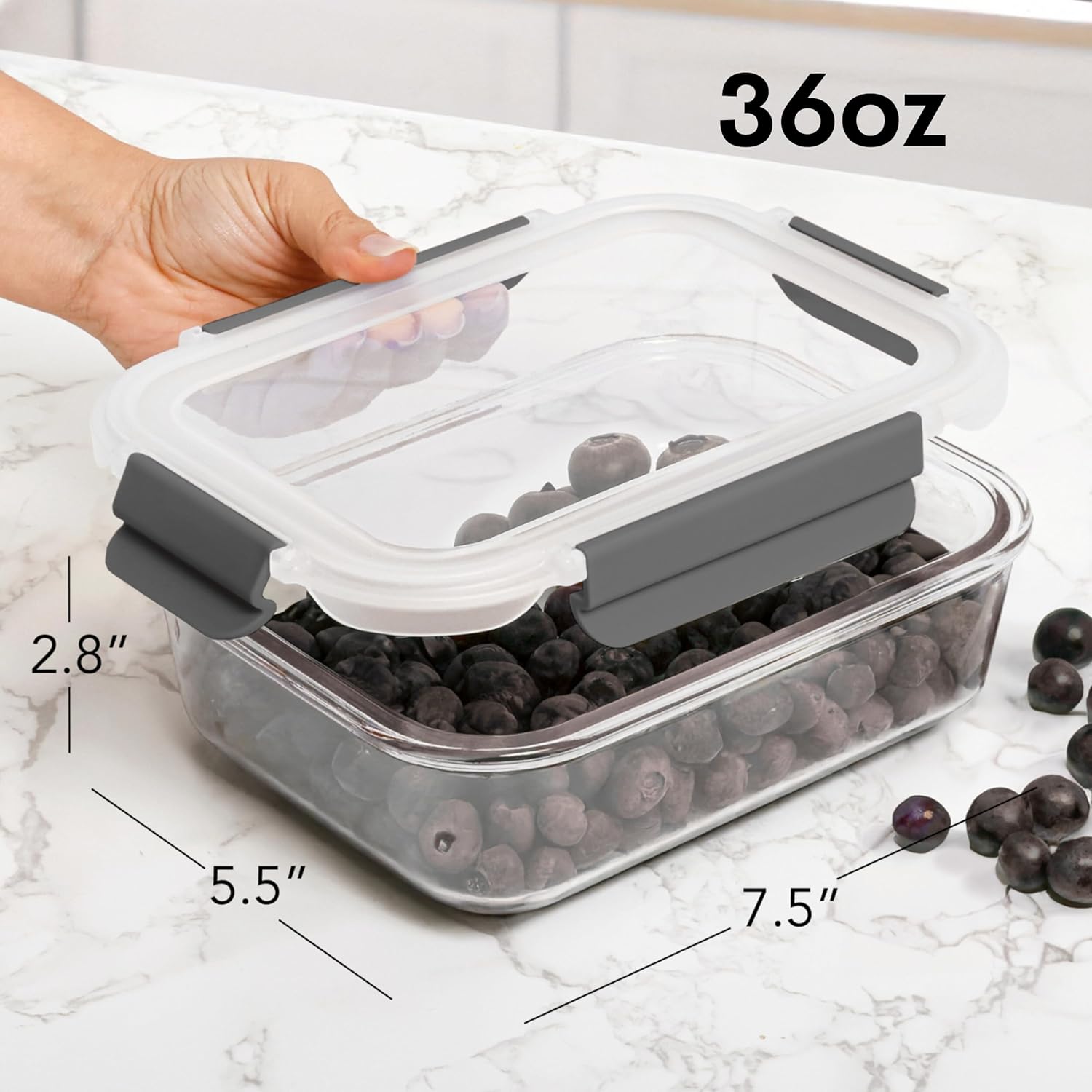 ECOBERI 4.5 Cup Glass Meal Prep Containers with Lids & Silicone Sleeves, 5-Pack Airtight, Leak-Resistant Food Storage Containers for Fridge, Freezer, Oven & Microwave