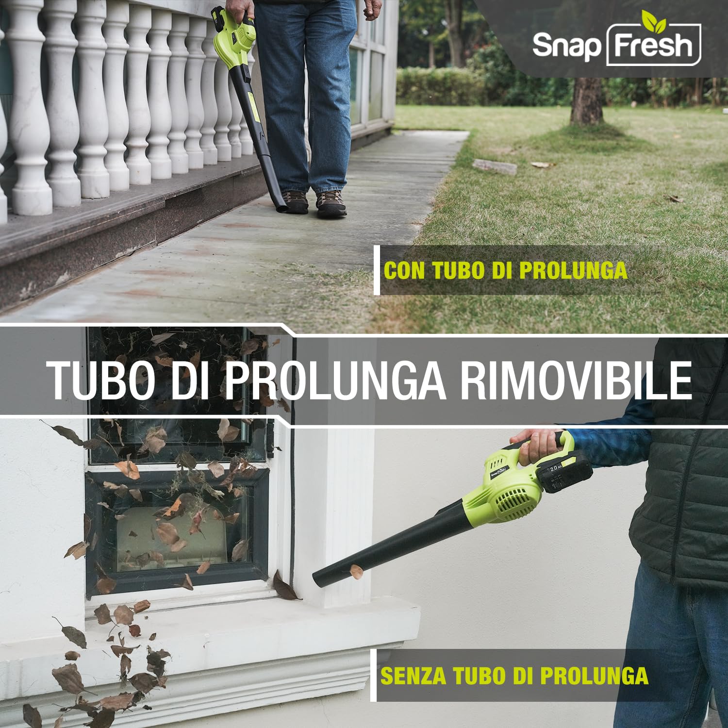 SnapFresh Soffiatore a Batteria 20V Soffiatore Elettrico per Foglie Leggero 1,2 kg, 210 km/h 240 m³/h, 2 Velocità Regolabili, con Batteria e Caricabatterie, per Giardino/Prato/Auto/Polvere (Verde)