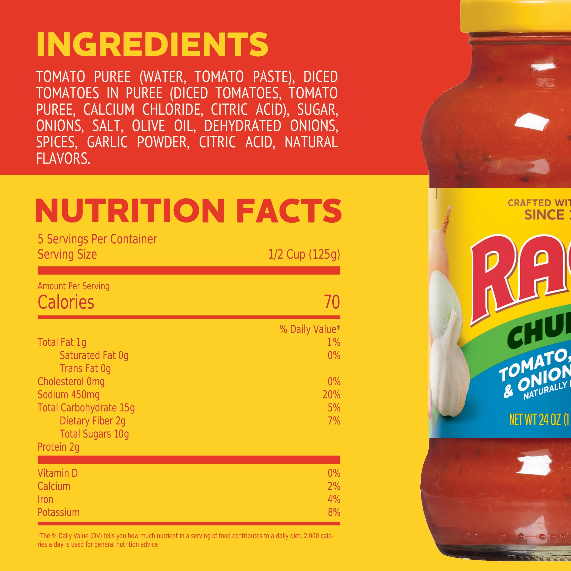 RAGÚ Chunky Tomato, Garlic and Onion Pasta Sauce, Diced Tomatoes, Delicious Garlic and Onions, and Italian Herbs and Spices, 24 oz (Pack of 6)