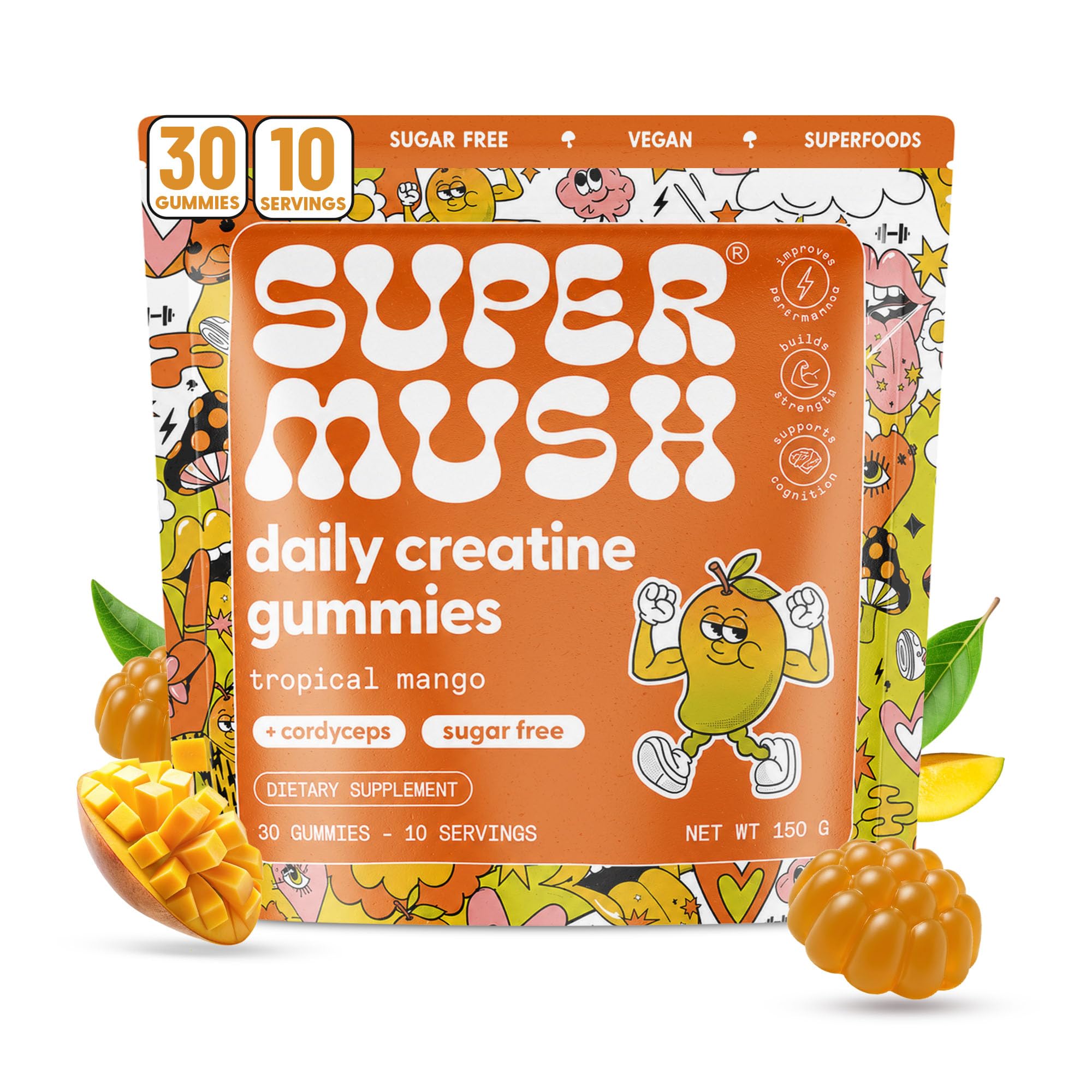 SuperMush Suplemento de Creatina com Cordyceps, 3 g por porção, 30 gomas