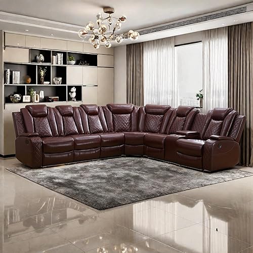 Sofá reclinable eléctrico con luz LED para sala de estar, juego de sofá seccional reclinable de cuero de aire, soporte para tazas, consola de