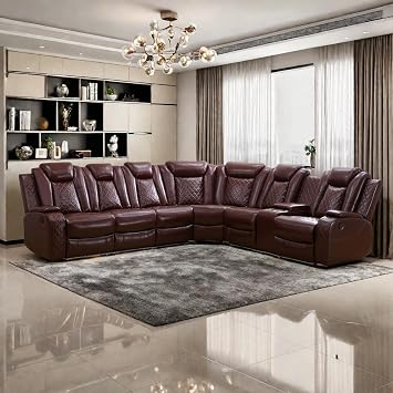 Power Recliner Sofa Sectional Sofa with LED Light for Living Room, Air Leather Reclining Corner Sectional Sofa Set, Cup Holder, Storage Console for Home Theater Seating Burgundy, Sectional
