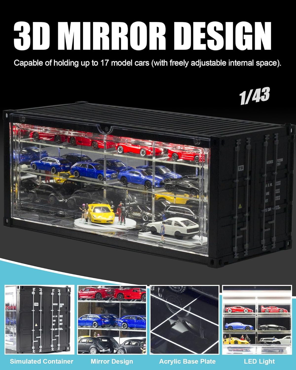 Black 1/43 Scale Retro Container Style Display Case Car Garage Moldel with LED Light and Acrylic Cover 17 Parking