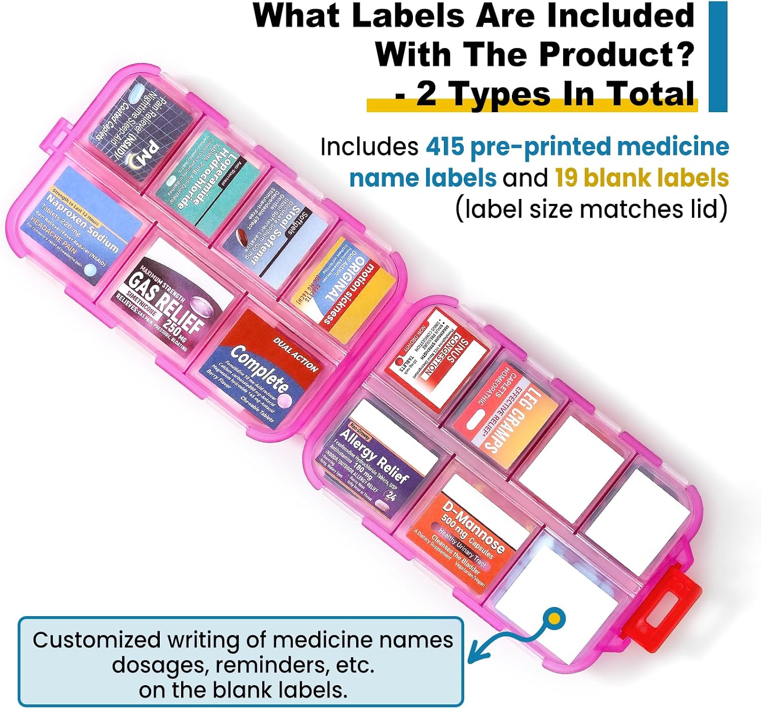 14 Grids Travel Pill Organizer Box with 415-Pcs Medicine Name Labels - Pocket Daily Pharmacy Case Container Kit - Travel Medication Holder Dispenser for Fish Oil Vitamin Supplement Storage -Clear Pink image 3