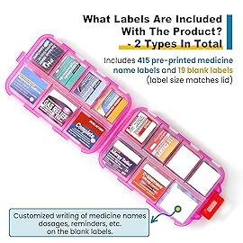 14 Grids Travel Pill Organizer Box with 415-Pcs Medicine Name Labels - Pocket Daily Pharmacy Case Container Kit - Travel Medication Holder Dispenser for Fish Oil Vitamin Supplement Storage -Clear Pink