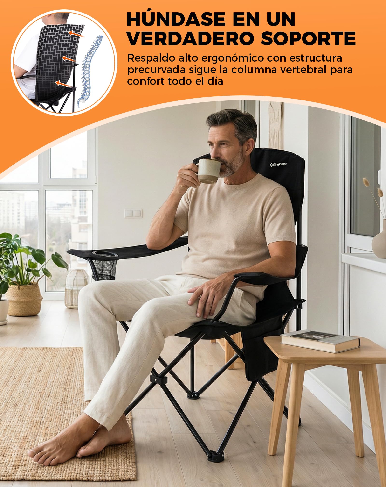 KingCamp Silla de Camping Plegable Ergonómica Acolchada 150 kg | Con Portavasos, Bolsillo Lateral, Solo 2,8 kg, Tamaño Compacto 15×15×93 cm para Camping, Jardín, Pesca y Exterior