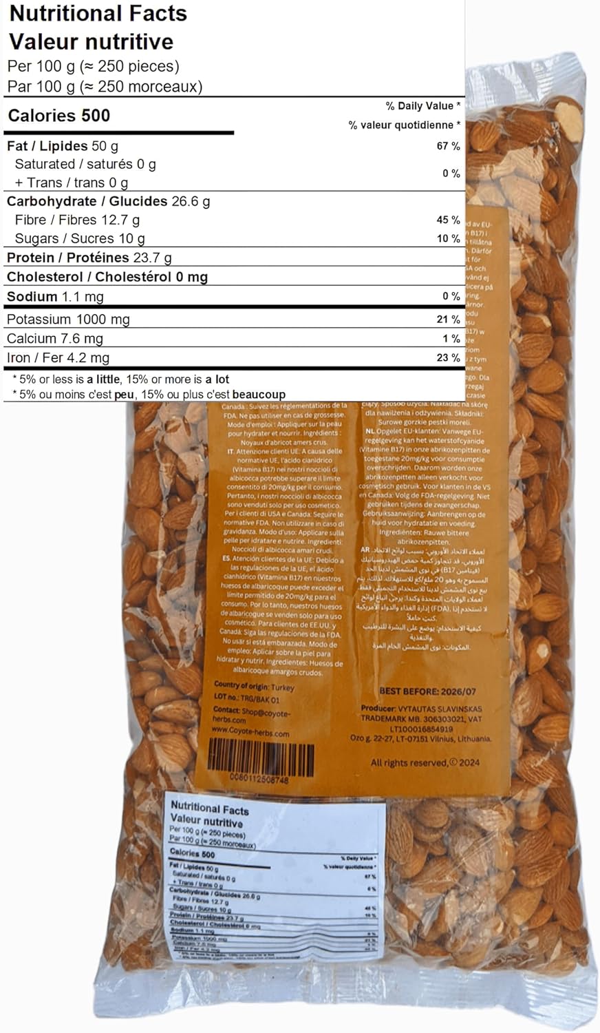 0,908 kg. Granos de albaricoque amargo seco/Núcleo de albaricoque amargo y crudo/vitamina b17/Semillas di albaricoque amargas naturales - mejor calidad - Imagen 2