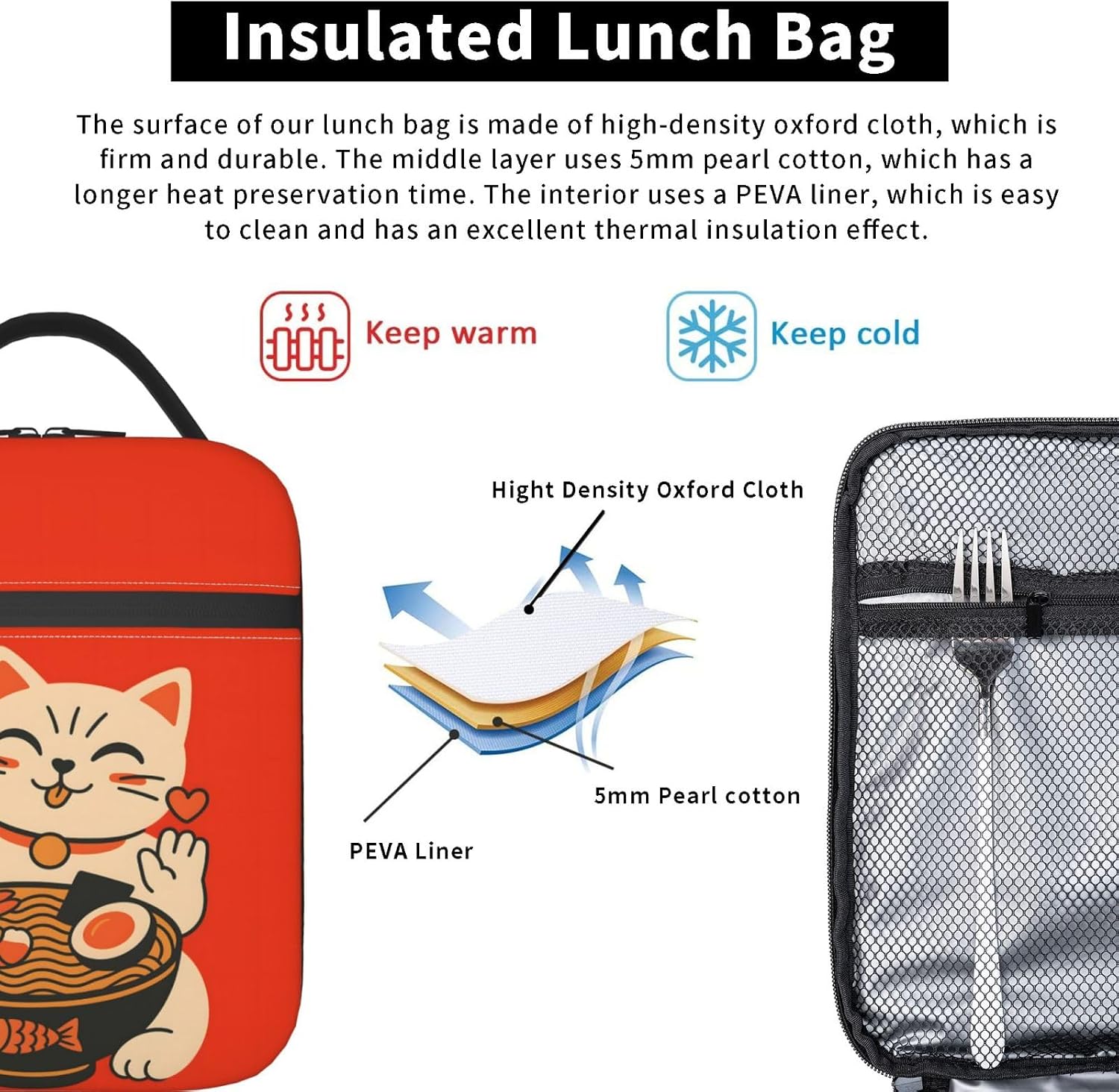 Ramen Cat Lunch Box for Women Girls, Japanese Noodle Cartoon Kitten Reusable Thermal Insulation Cooler Tote Bags, Cute Food Lover Insulated Bag for School Picnic Camping Outdoor Travel, Gifts