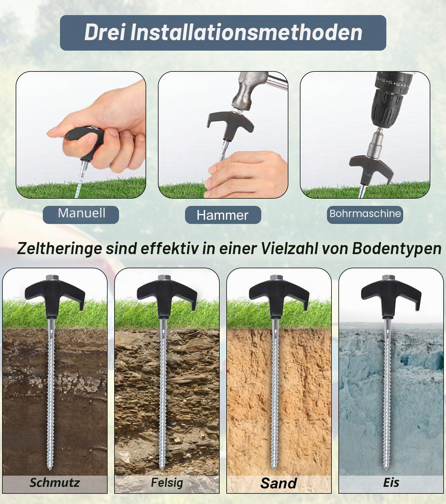 Zeltheringe mit Gewinde 10 Stück, Heringe Erdnägel Stabil, Drehbare Schraubheringe, T-Griff Schrauben Erdschrauben, Zelt Zubehör für Camping, Outdoor, 