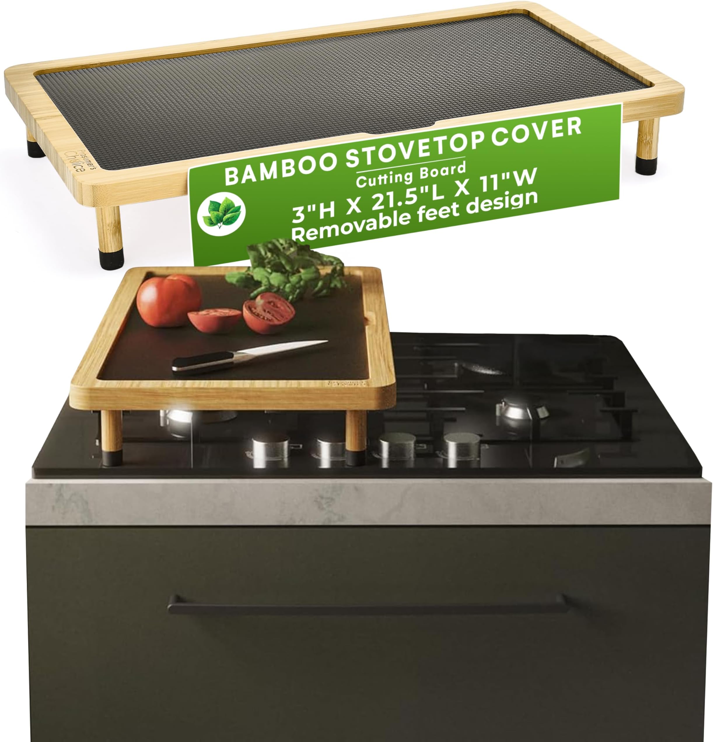 Prosumer's Choice Bamboo Stove Top Cover Board - Versatile Wooden Cutting Board for Kitchen with Removable Feet - Large Surface and Durable for Gas or Electric Stoves, 3"H x 21.5"L x 11"W
