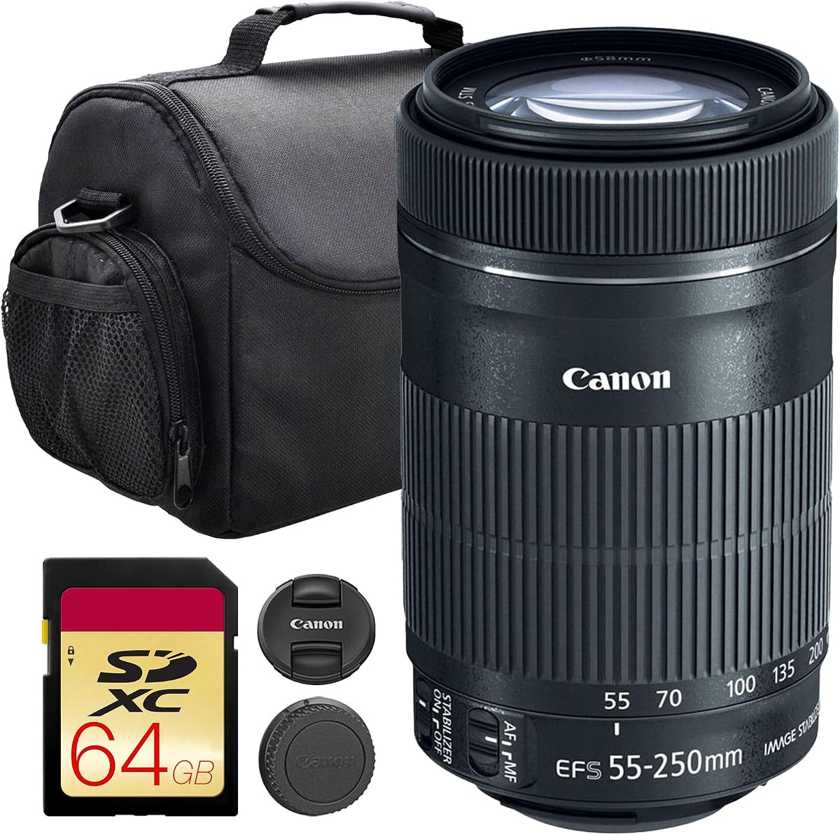Canon EF-S 55-250mm f/4-5.6 IS STM Lens | Compact Telephoto Zoom with Image Stabilization & Smooth STM Autofocus | Ideal for Sports, Travel, & Everyday Photography(8546B002) + Shoulder Bag + 64GB Card
