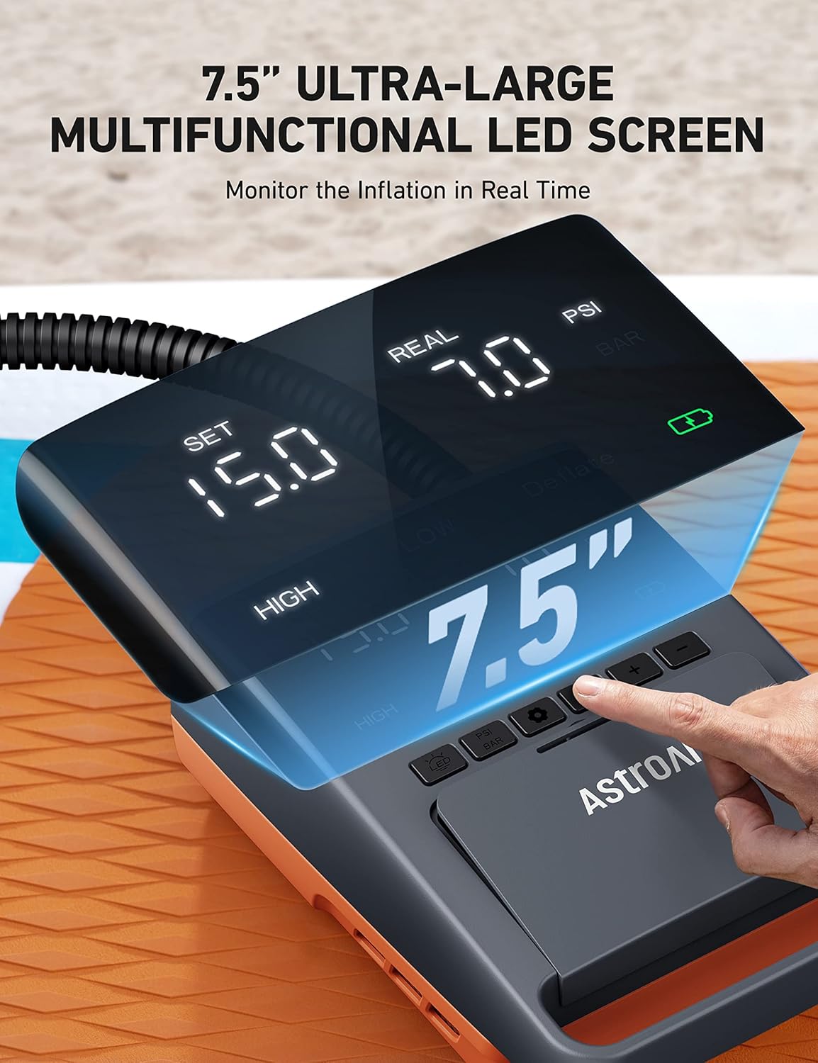 Close-up of the AstroAI Electric SUP Air Pump's 7.5-inch LED screen displaying set and real-time pressure values.