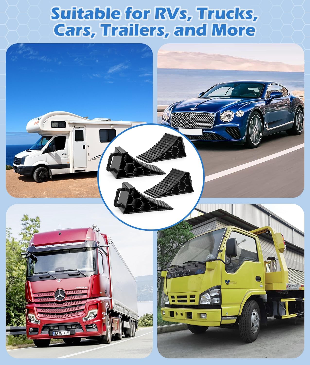 PAHTTO Wheel Chocks 4 Pack, RV Chocks with Handles for RV Trailer Camper Car Truck, Wheel Block Stopper for Tire, Strong RV Wheel Chocks Hexagonal Honeycomb Structure, RV Trailer Accessories