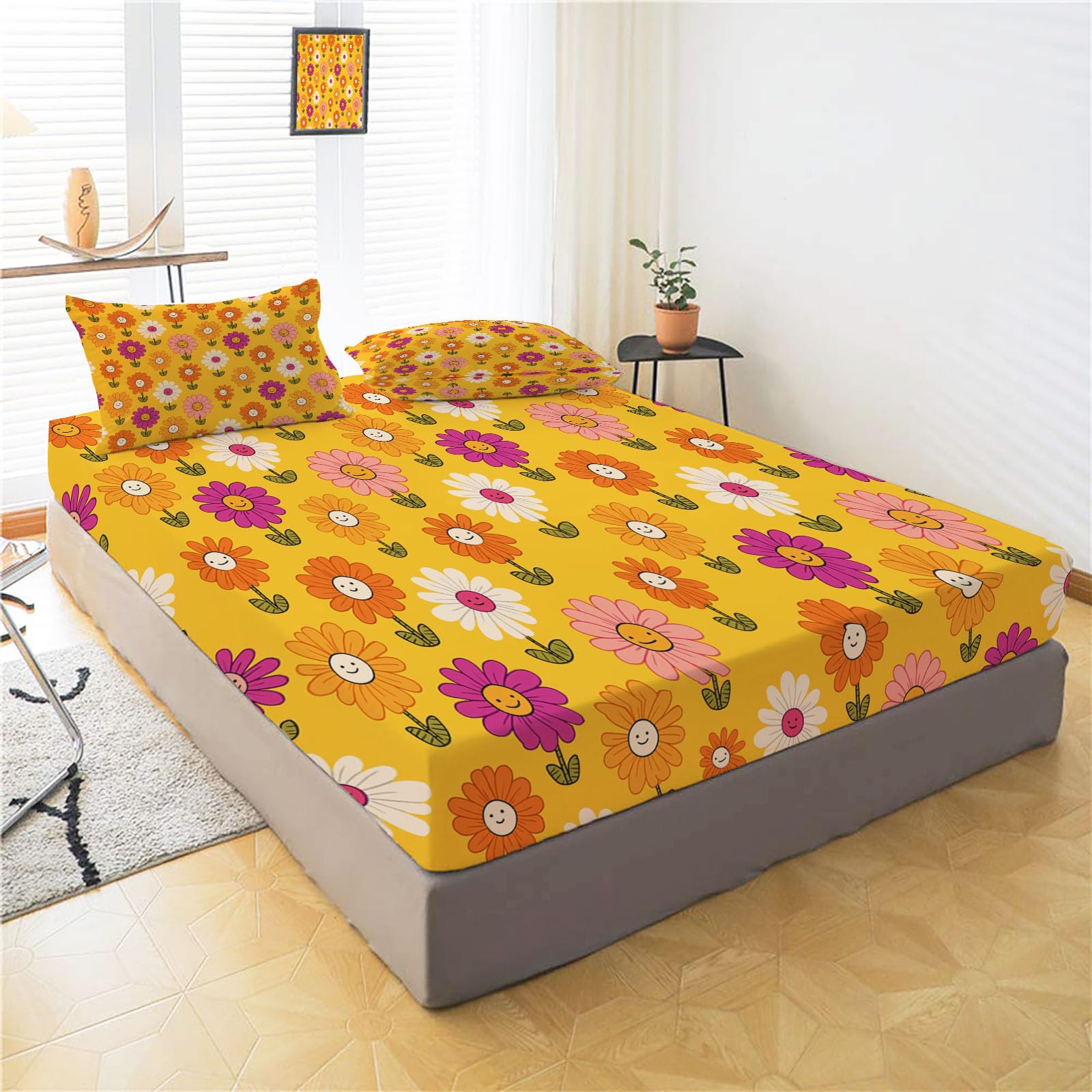 Sábanas 200X190/200Cm - Juego De Sábanas 3 Piezas Estampadas Flores Dibujos Animados - Microfibra Suave Transpirable - Sábana Bajera Ajustable - Ropa De Cama Plantas Interesantes (Naranja Cítrica)