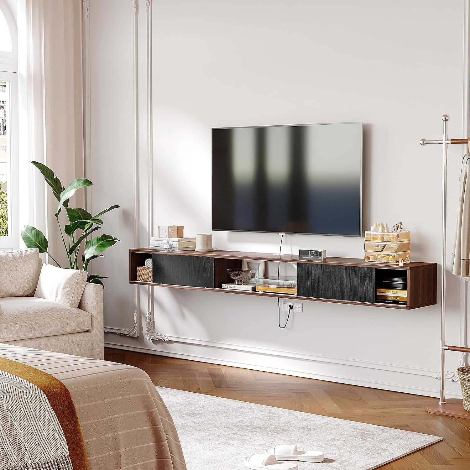 47 in Plywood Floating TV Stand with Sliding Doors, Modern Wall Mounted Media Console for Bedroom & Small Living Room, Space-Saving Entertainment Center with Wire Holes,Walnut