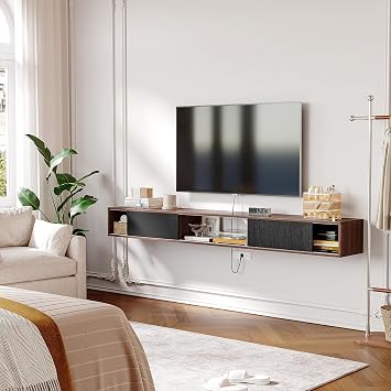 70 in Plywood Floating TV Stand for 65/70/75 inch TV, Large Wall Mounted Media Console with Sliding Doors, Modern Floating Entertainment Shelf with Wire Holes,Walnut