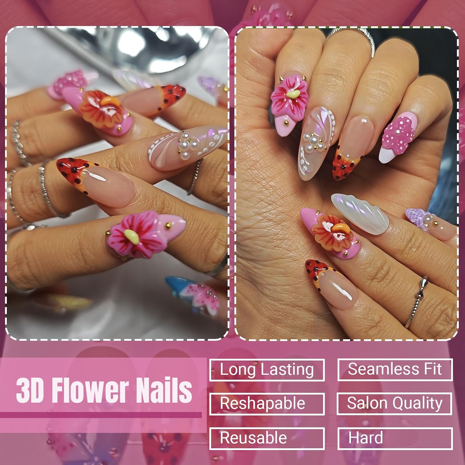 Handmade Acrylic Press On Nails Almond, 3D Press On Nails Medium, Flower 3D Pink Nails French Tip Bubble Preal For Women Gift, Reusable Stick On Fake Nails Kit With Nail Glue (Floral Dreamscape-S)