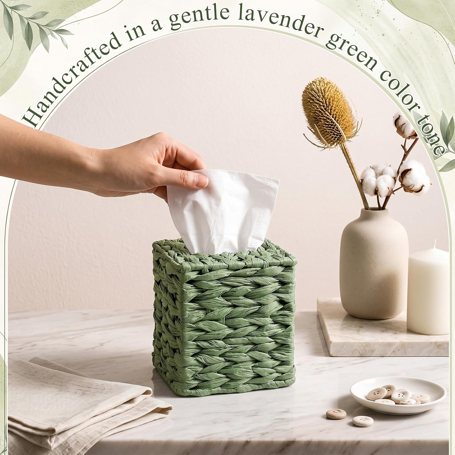 Sage Green Tissue Box Cover Water Hyacinth Bathroom Tissue Holder,Cube image 3
