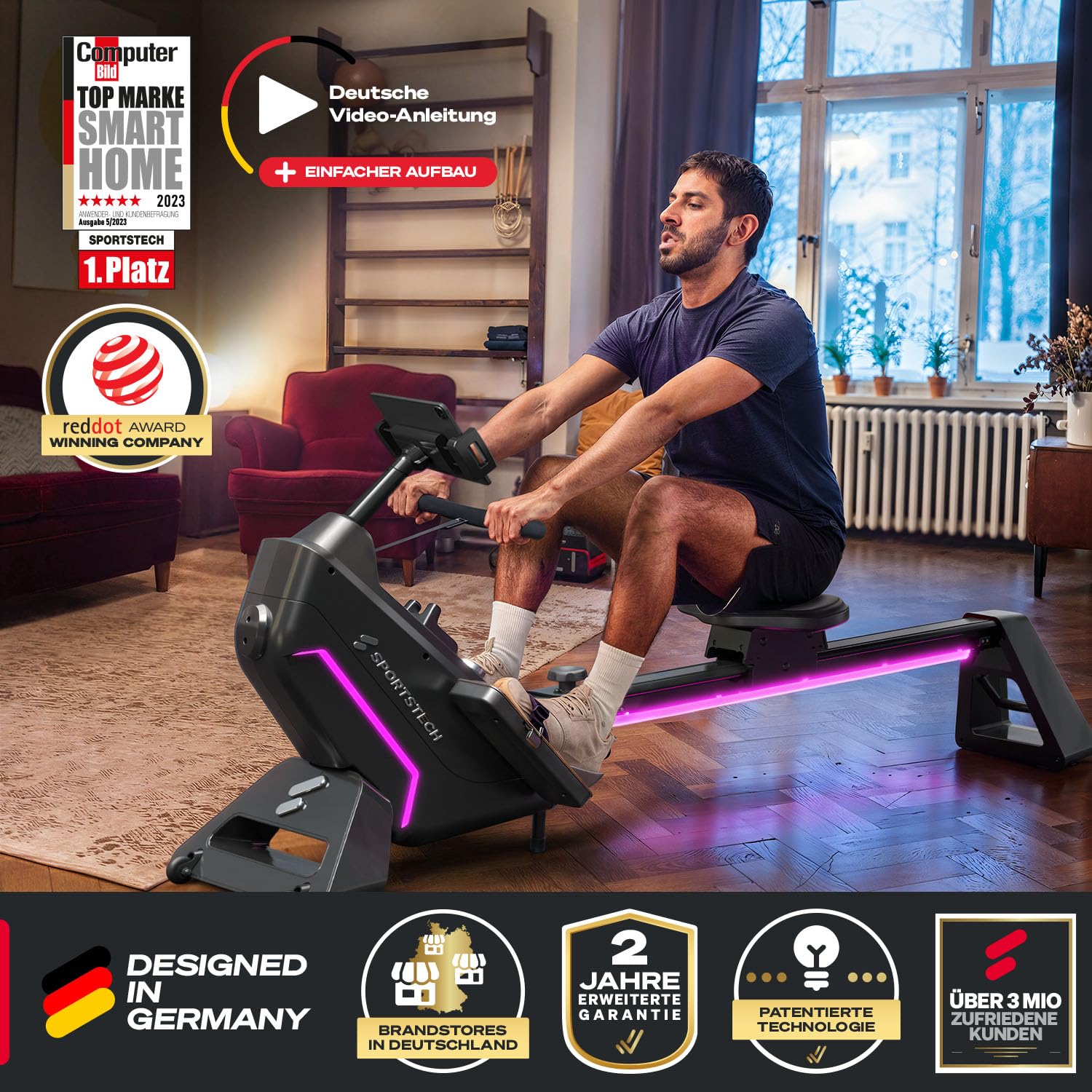 Sportstech sRow Lite Rudergerät für Zuhause klappbar, leises Magnetbremssystem, 24 Widerstandsstufen, LED-Knob-Display mit Feedback, Sportstech Live App, drehbarer Tablethalter, Rudermaschine