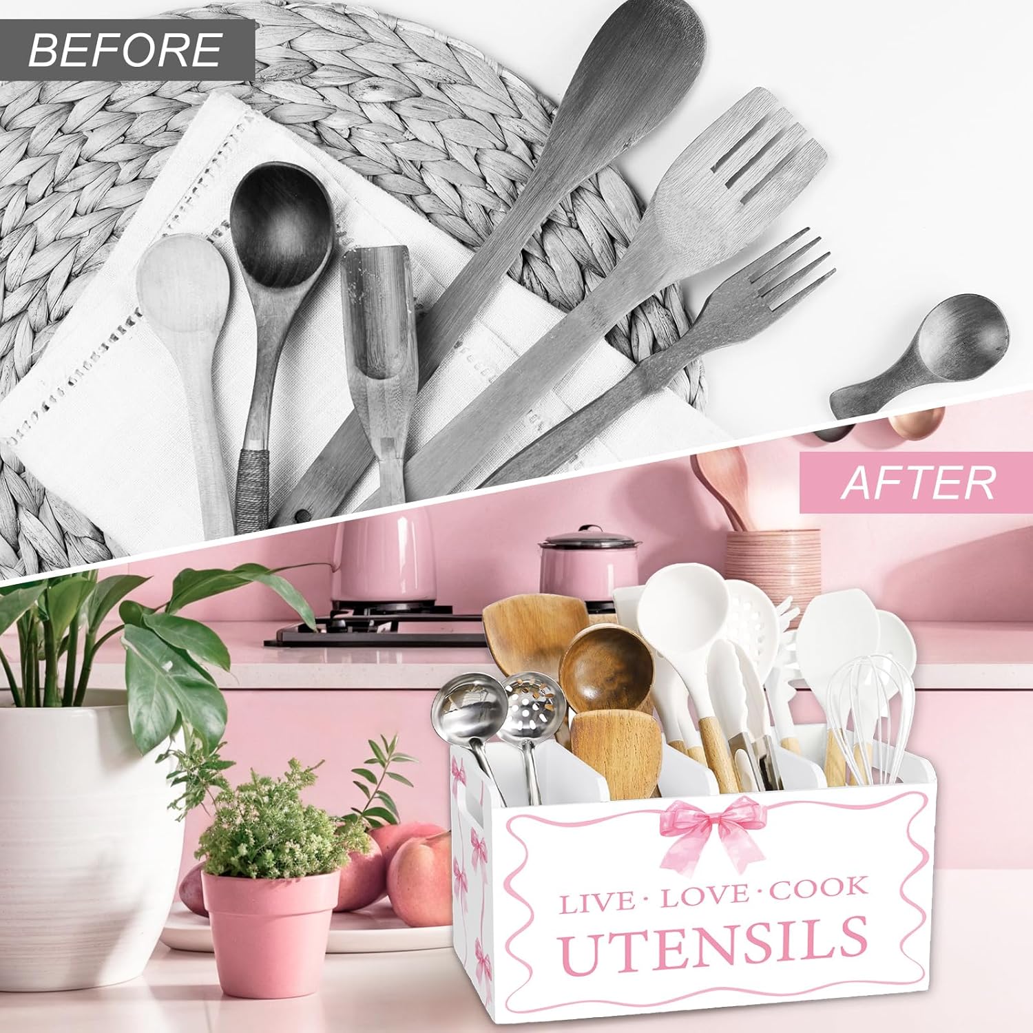 ピンクボウ木製食器ホルダー 4つのコンパートメント 大きな水彩蝶結び 調理用具オーガナイザー ホームキッチン カウンタートップストレ