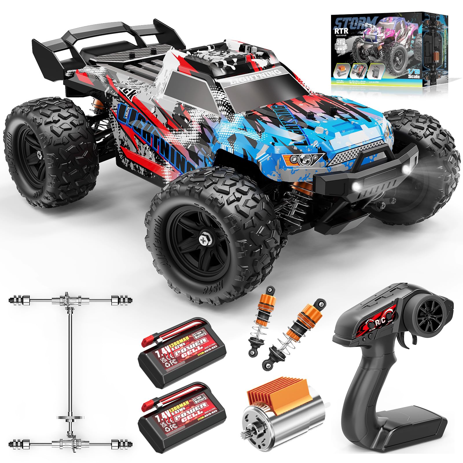 Voiture Télécommandée Adulte 1:18 2.4GHz Tout-Terrain Off-Road, Extérieur Voiture RC 4WD Haute Vitesse 36 km/h, voiture radiocommandée adulte 4x4 Étanche avec 2 Batteries Rechargeables 1300mAh