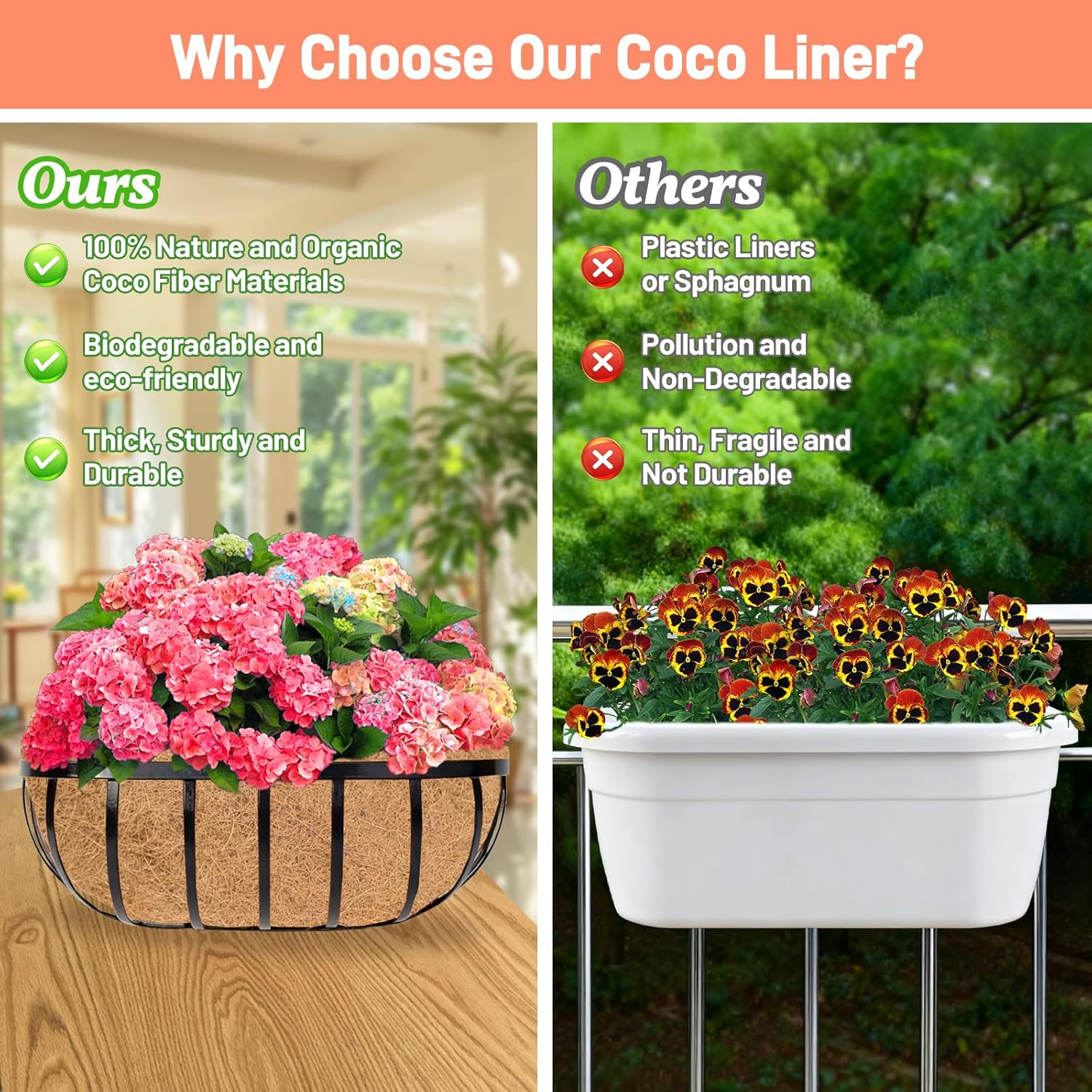 2 Pack 48 Inch Trough Coconut Liners for Planters- Natural Coco Liner Window Box Liners Replacement, Coconut Fiber Planter Liner for Outdoor Flower Planters, Deck Railings, Fence and Balcony