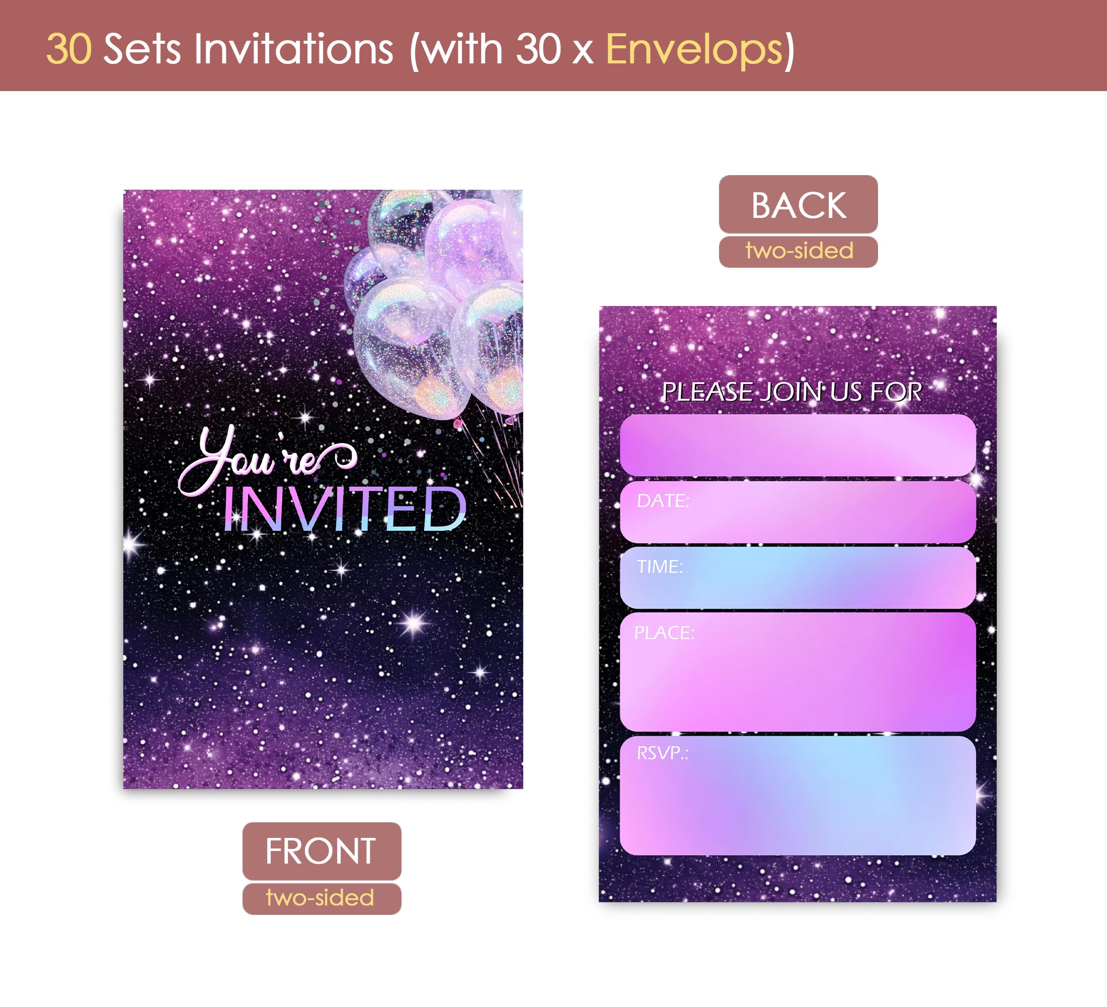 VAVINCI Simple Neon Pink Birthday Invitations for Girl, Purple Birthday Invites for Girls, 30 Sets with Envelopes