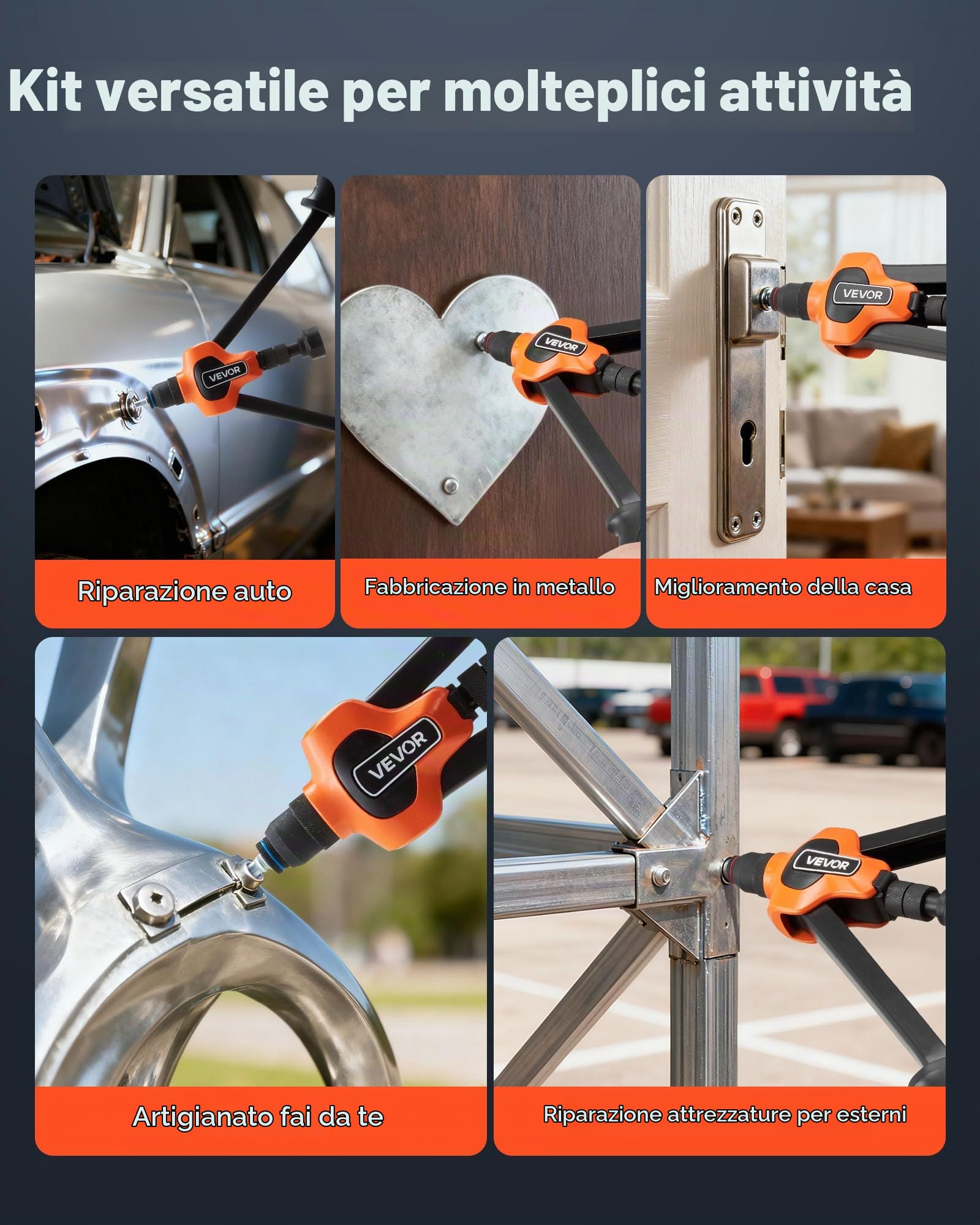 VEVOR Kit Rivettatrice per Inserti Filettati a Due Mani da 430 mm, con 13 Mandrini e 130 Dadi, con Robusta Custodia per il Trasporto, per Montaggi Metallici, Mobili, Autoveicoli e Riparazioni DIY